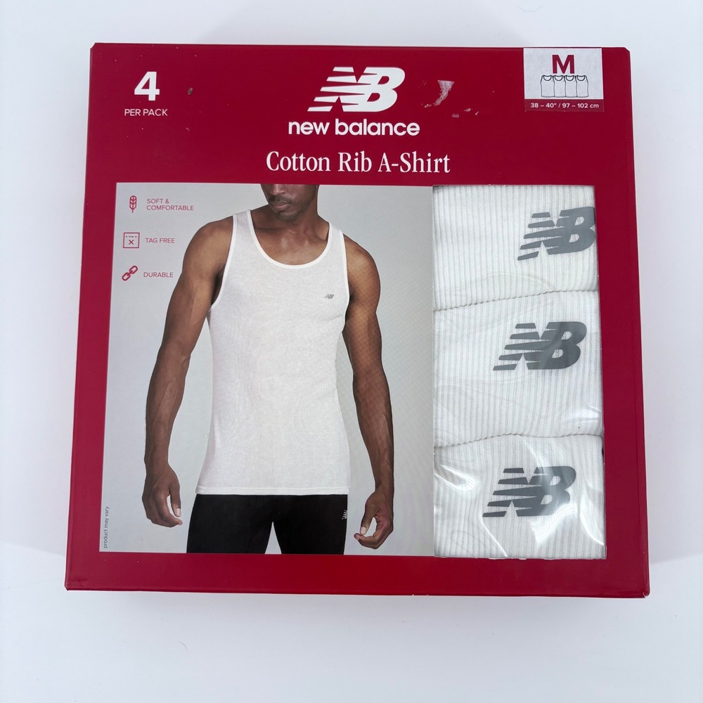New Balance‎ Mens 4 Pack A-Shirt Cotton Rib White Medium Tag Free Undershirts